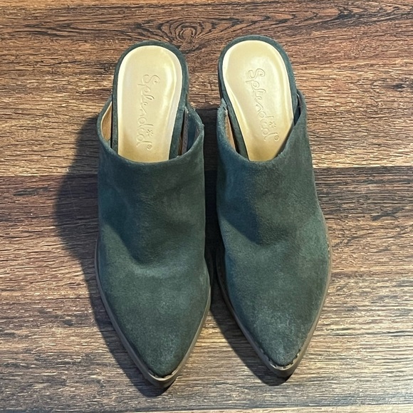 Splendid Green Pointed Toe Block Heel Suede Slide On Leather Mules - Picture 5 of 5